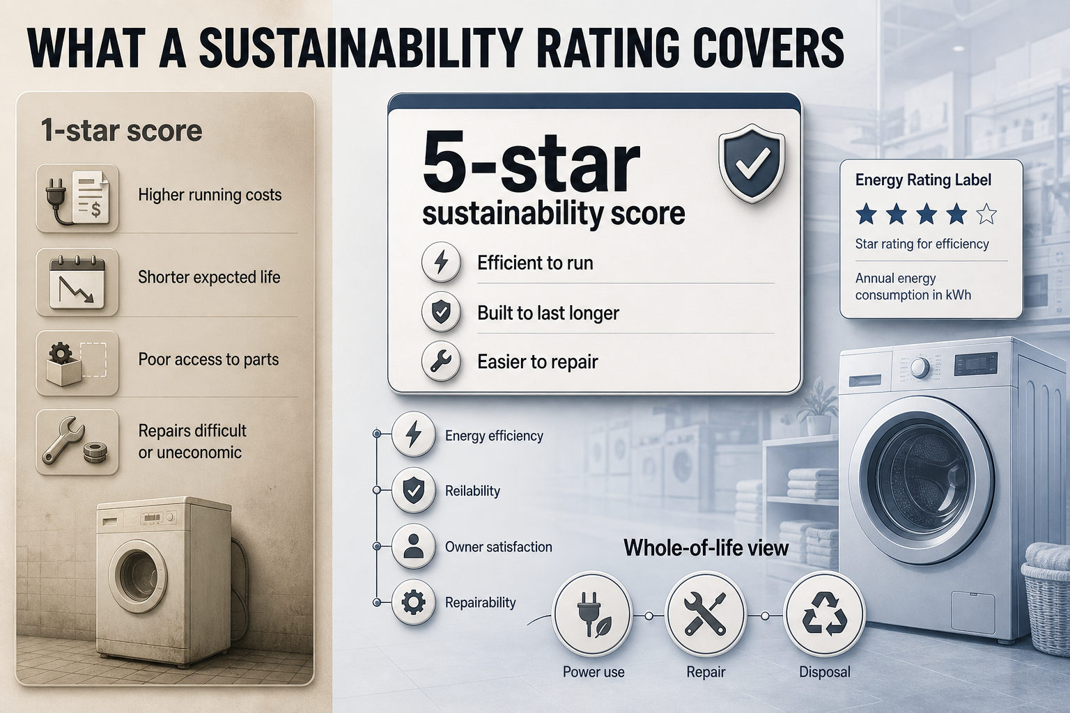 What A Sustainability Rating Covers Two-column infographic comparing 5-star and 1-star appliance ratings with icons for energy use, lifespan, repairability, parts, and disposal