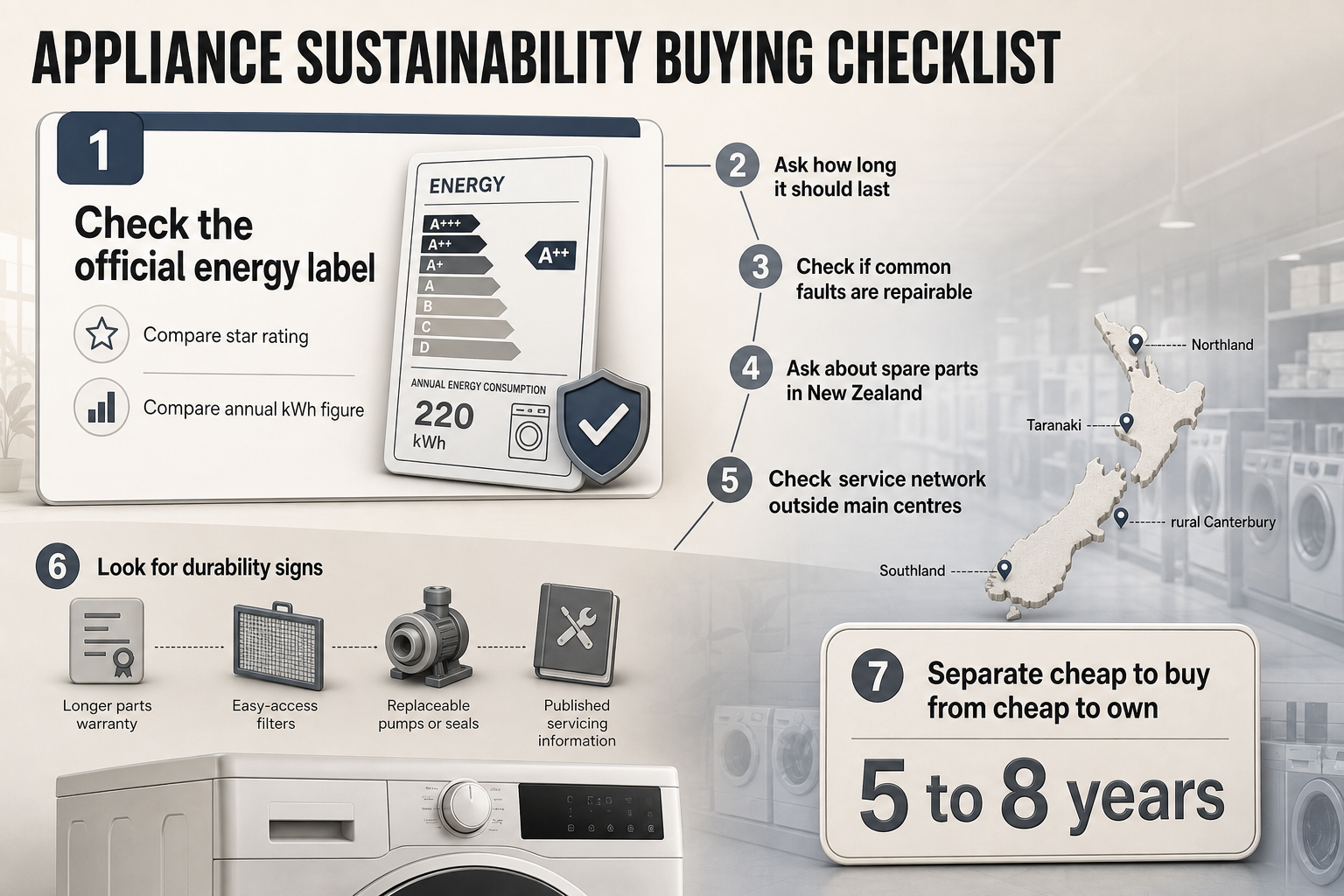 Appliance Sustainability Buying Checklist Seven-step flowchart with numbered checklist boxes covering energy labels, lifespan, repairability, spare parts, service support, durability, and ownership cost