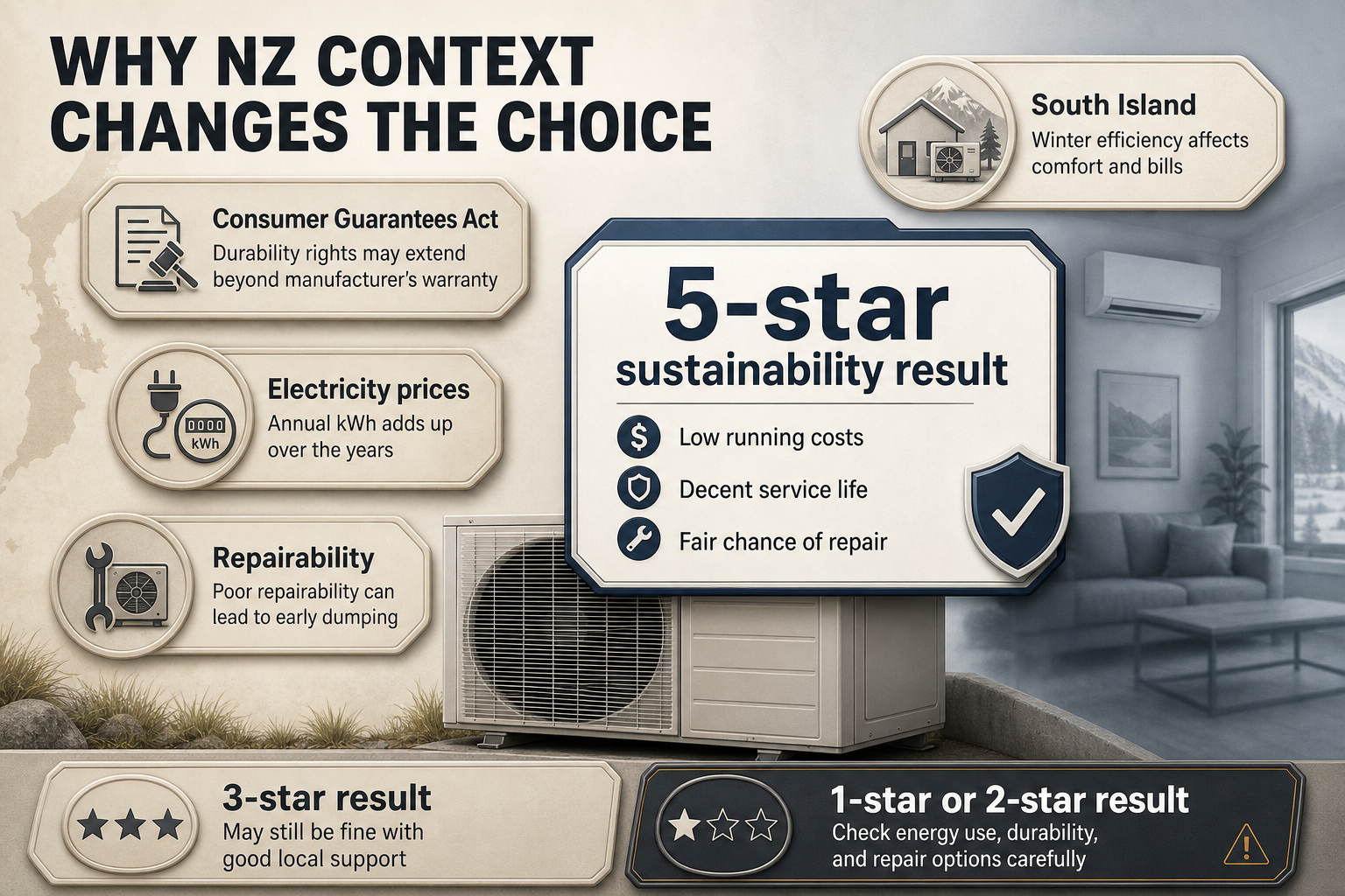 Why NZ Context Changes The Choice Badge-style infographic with five callout panels for legal rights, electricity costs, South Island climate, repairability, and star-rating takeaways