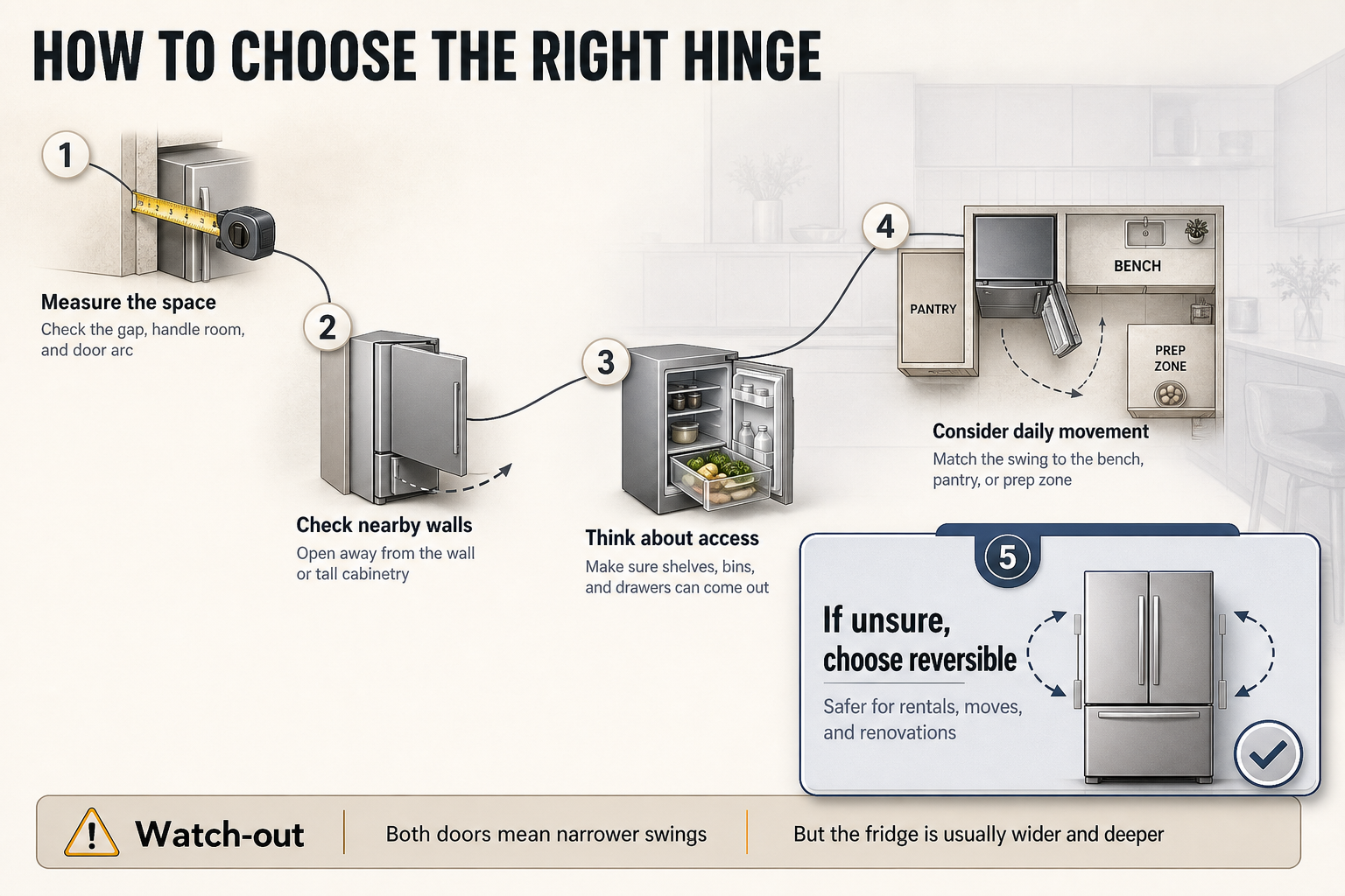 Choosing the Right Hinge Five-step flow diagram with fridge icons, wall and bench markers, and a final watch-out note about wider multi-door models