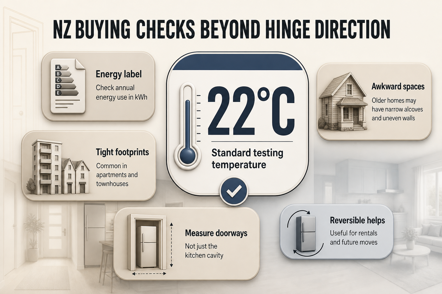 NZ Fridge Buying Checks Badge-style infographic with icons for an energy label, thermometer, apartment, older home, doorway, and reversible fridge note