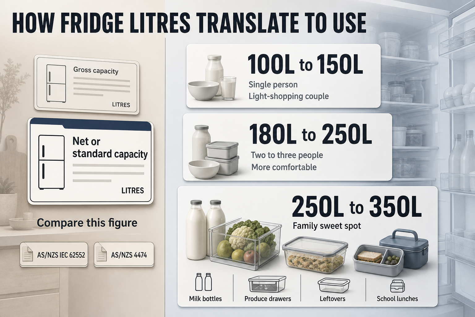 How fridge litres compare Comparison infographic with two capacity labels at top and three household size columns below showing litre ranges and common fridge contents.