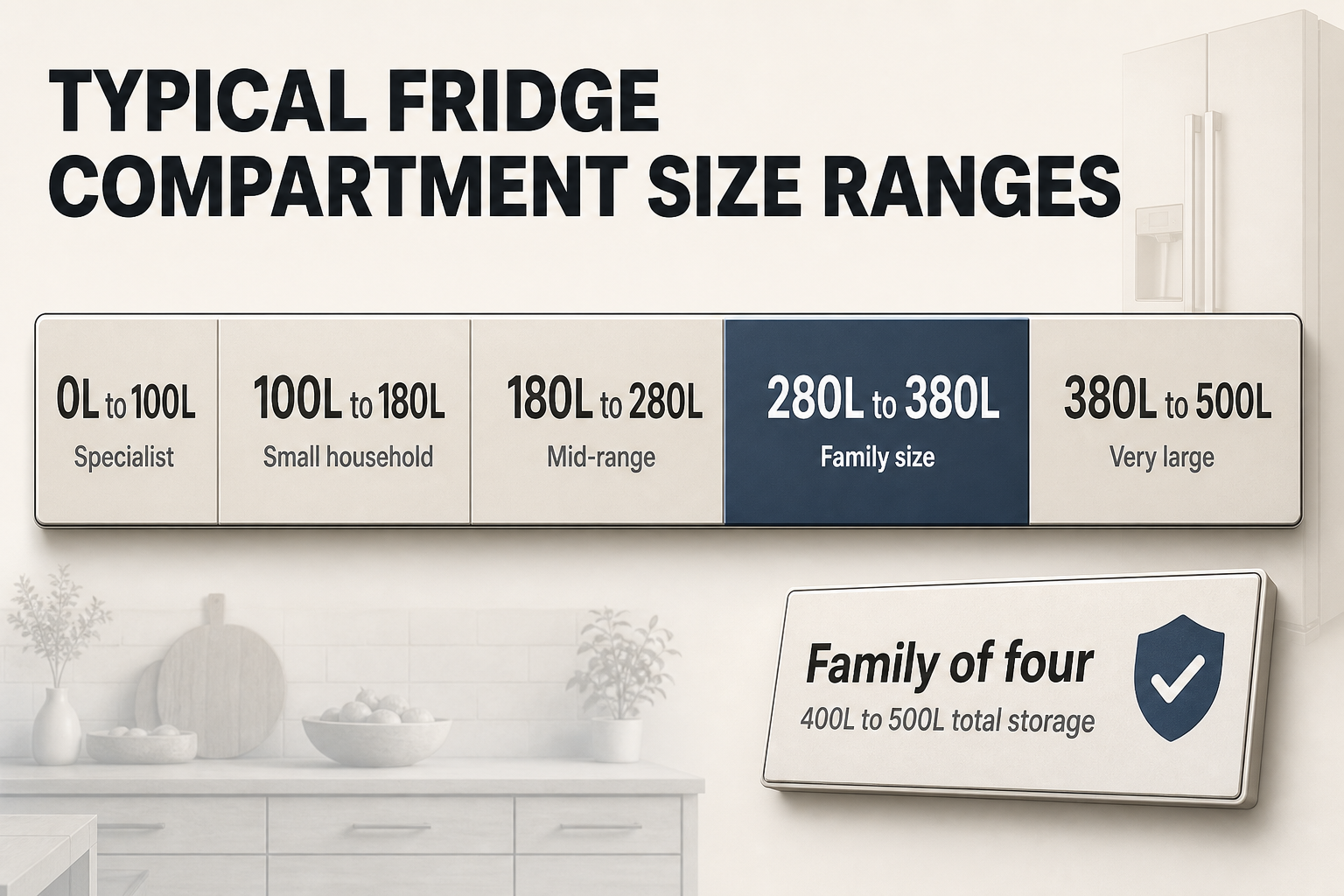 Typical fridge size bands Horizontal range chart with five labelled fridge capacity bands from 0L to 500L and a callout for family of four total storage.
