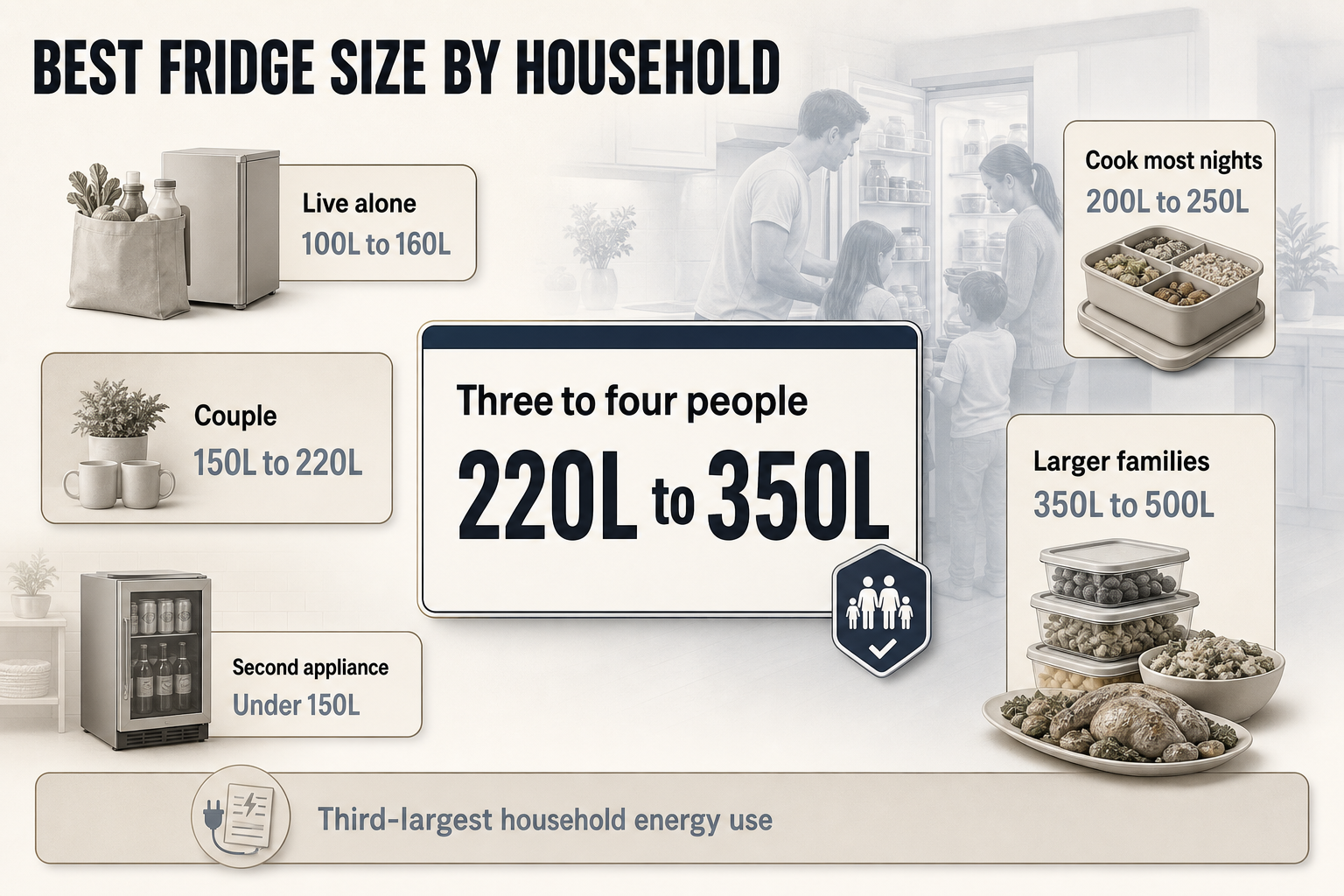 Fridge size by household Grid of household cards with icons and litre ranges for single person, couple, family, large household, and second fridge use.