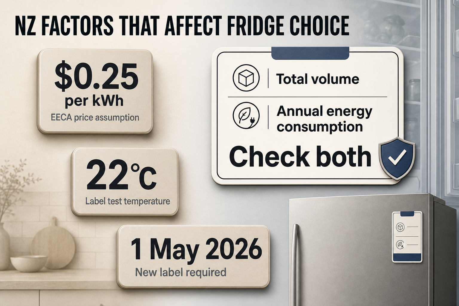NZ fridge buying factors Badge-style infographic with four stat panels showing electricity price, test temperature, 2026 label date, and label information fields.