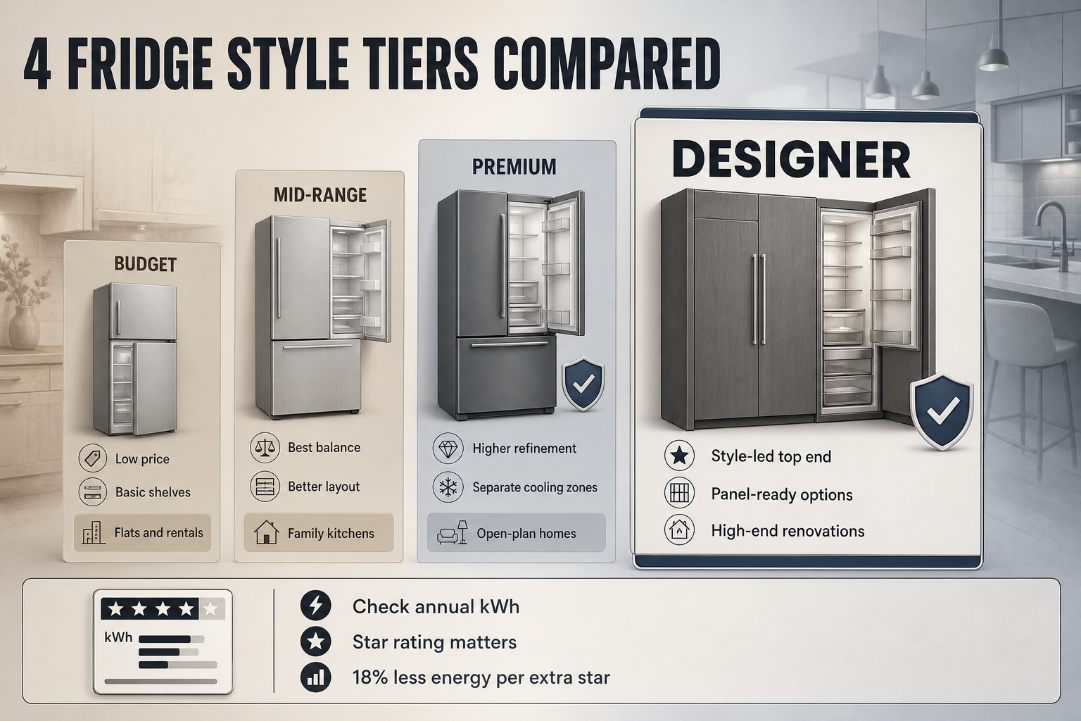 Fridge style tiers compared Four-column comparison infographic with fridge style tiers, feature labels, use-case tags, and a small energy rating callout panel.