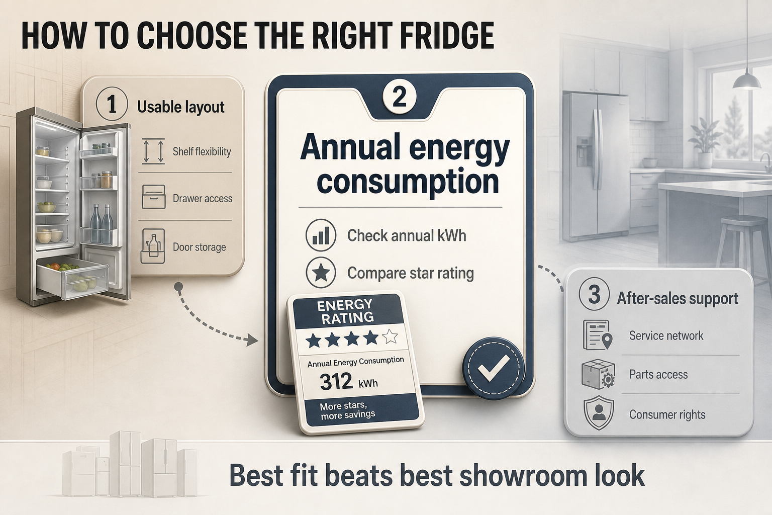 Three fridge buying checks Three-step horizontal flow chart with numbered panels for layout, annual energy consumption, and after-sales support checks.