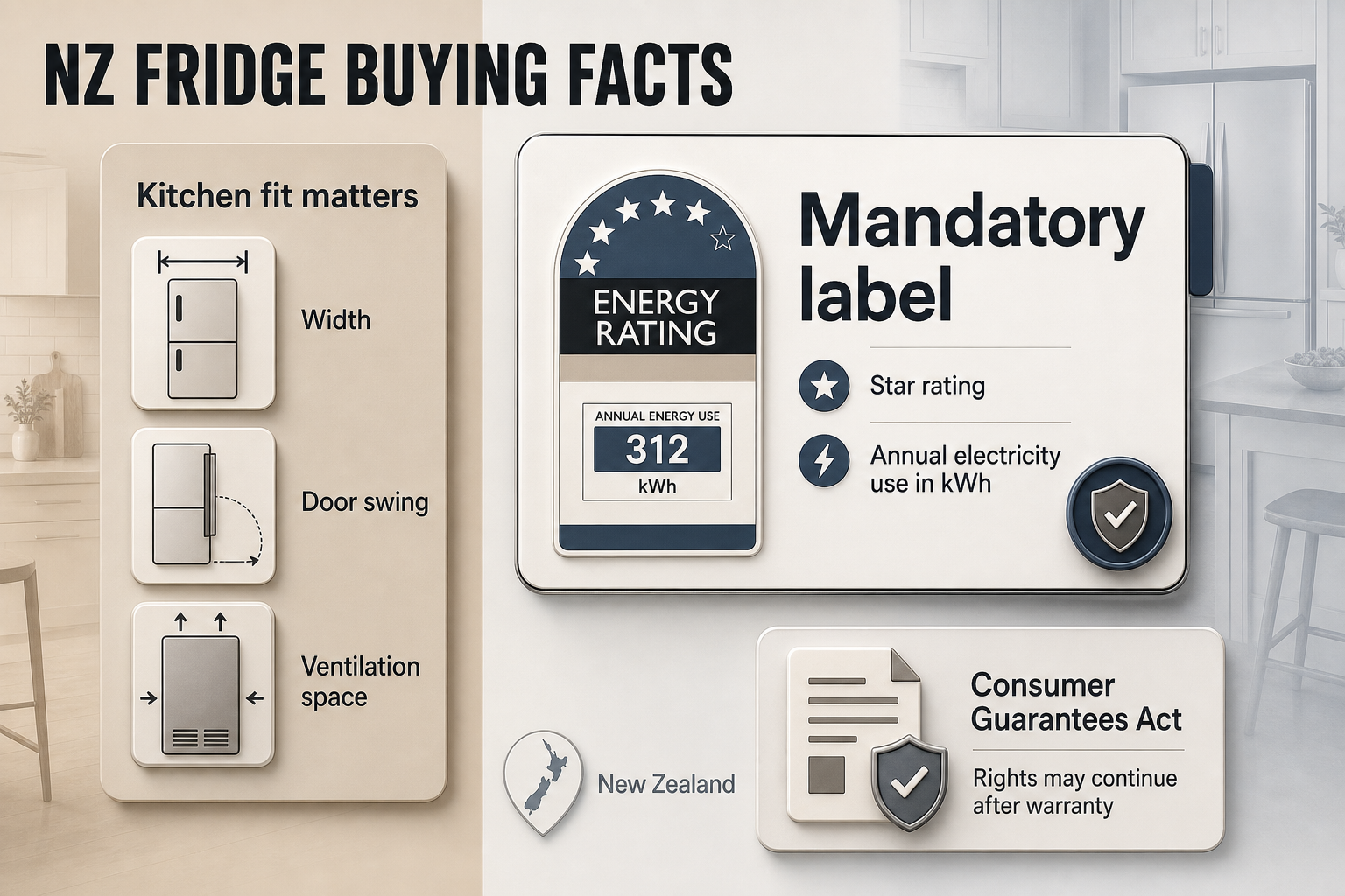NZ fridge buying facts Badge-style infographic with three grouped fact panels for energy labels, kitchen fit checks, and consumer rights in New Zealand.