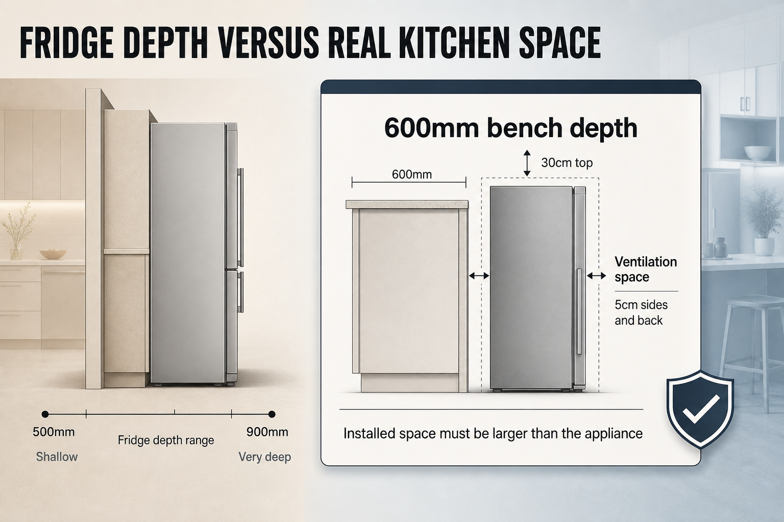 Fridge depth versus kitchen space Comparison infographic with three fridge depth markers, a 600mm bench reference line, and ventilation clearance labels for sides, back, and top.