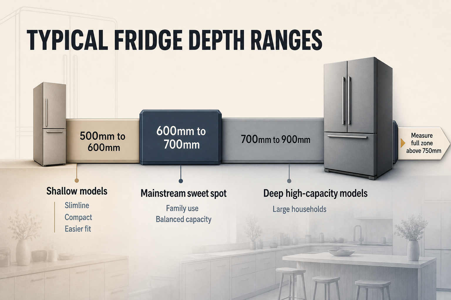Typical fridge depth bands Horizontal range chart with three fridge depth bands from 500mm to 900mm, each labelled with use type and fit notes.