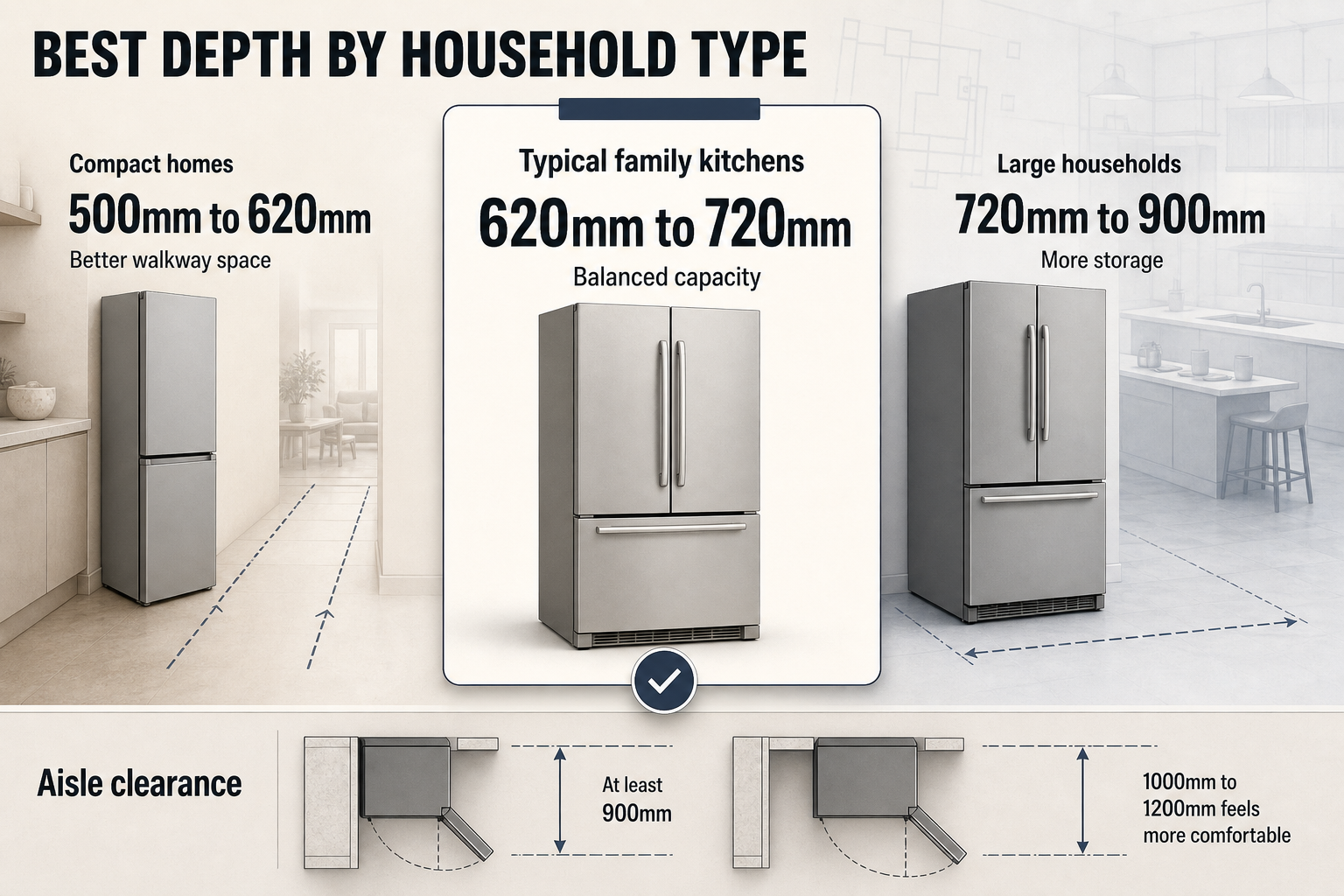 Best fridge depth by home Three-part household comparison showing compact, family, and large-home fridge depth ranges with aisle clearance notes below.