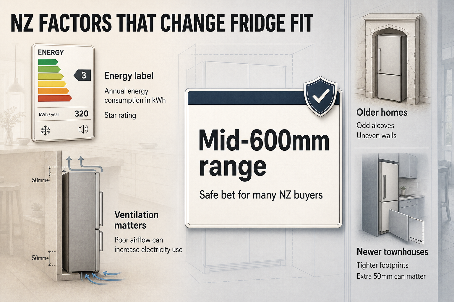 NZ fridge fit factors Editorial card layout with four NZ-specific fridge buying factors: energy label, ventilation, older home constraints, and tighter townhouse layouts.