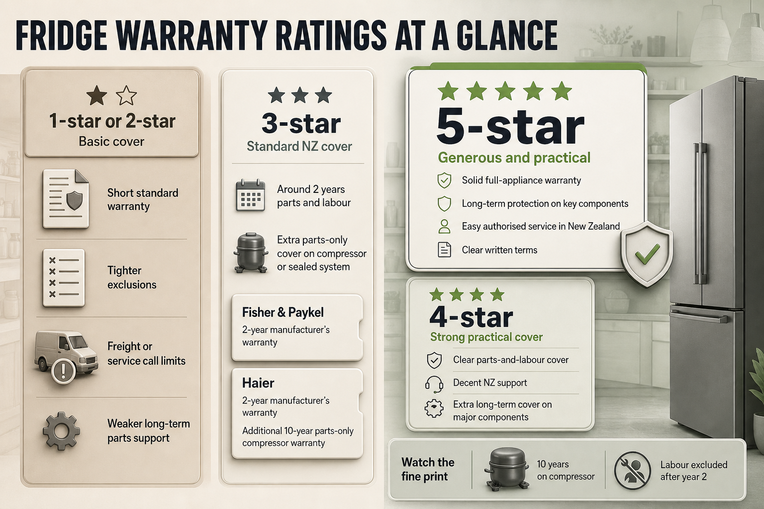 Fridge Warranty Rating Tiers Four-column infographic showing 1-star to 5-star fridge warranty tiers with cover notes and brand examples in labelled panels