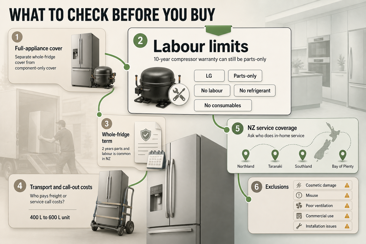 Fridge Warranty Buyer Checklist Six-step flowchart with numbered checks for fridge warranty terms, including labour, transport costs, service coverage, and exclusions