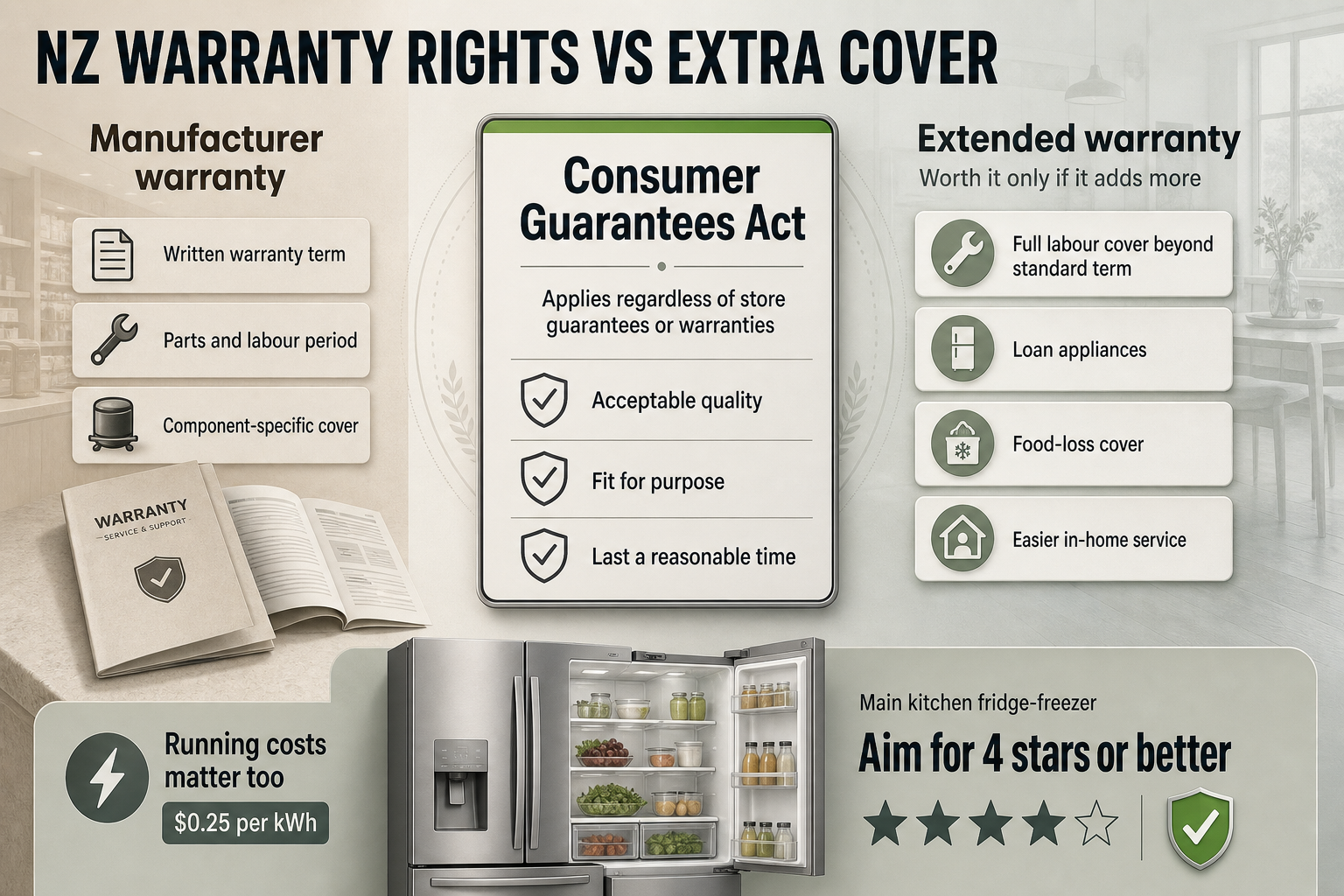 NZ Fridge Warranty Context Three-panel split-view showing manufacturer warranty, Consumer Guarantees Act rights, and extended warranty extras with a small power-cost note