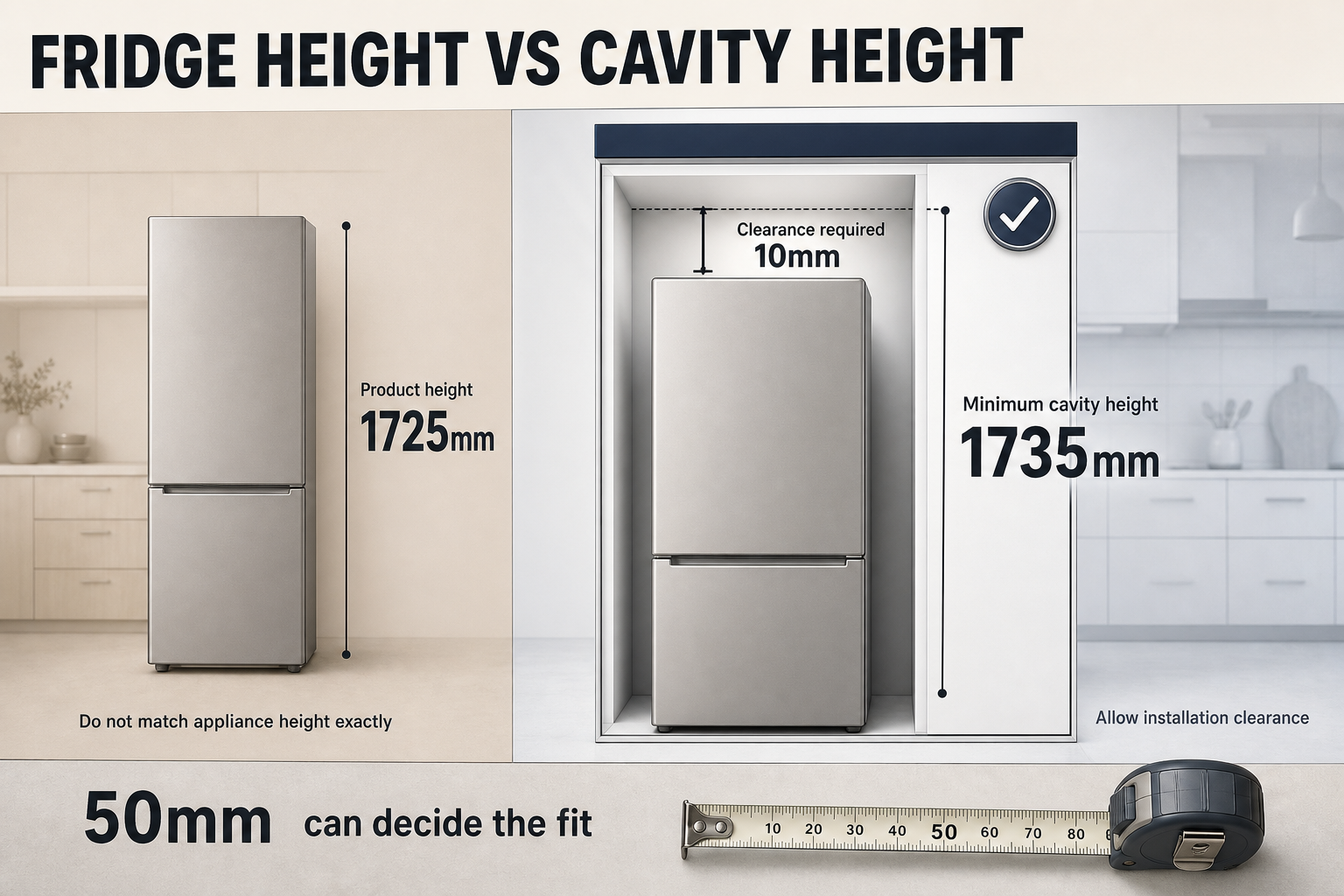 Fridge Height vs Cavity Space Two-column infographic showing a fridge height of 1725mm beside a cavity height of 1735mm with a 10mm clearance callout above