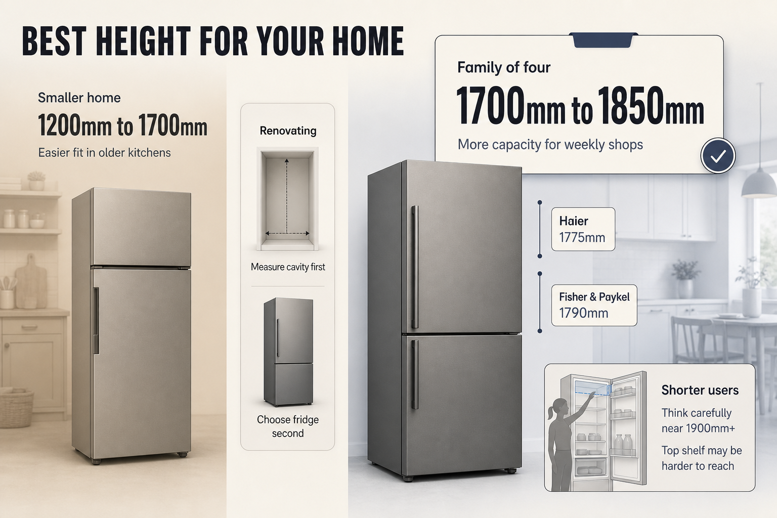 Choosing the Right Fridge Height Split-view infographic with household scenarios, height ranges, and two example fridge heights shown as vertical markers for comparison
