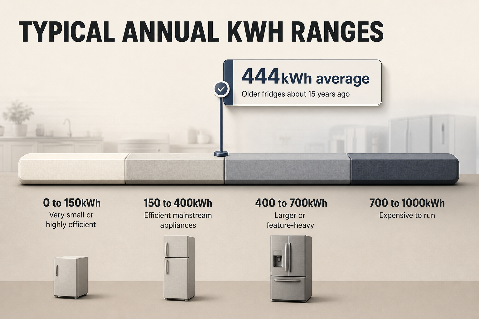 Typical appliance kWh bands Horizontal range chart with four annual kWh bands from 0 to 1000 and a marked benchmark point at 444kWh for older fridges