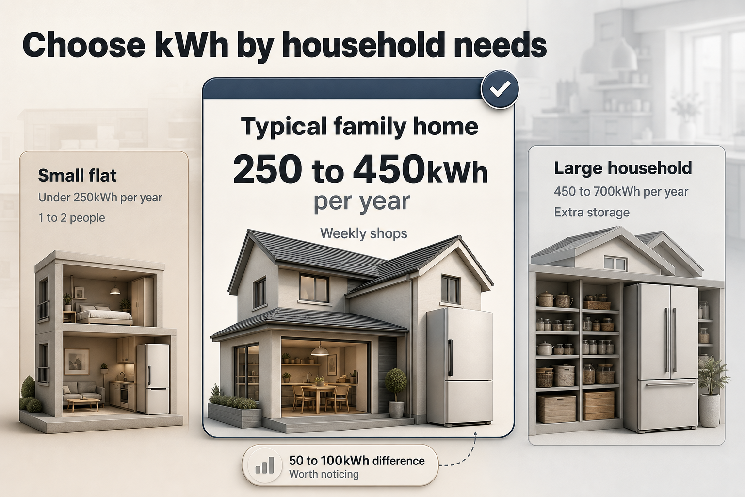 kWh guide by household type Three-column comparison showing small flat, typical family home, and large household use cases with recommended annual kWh ranges