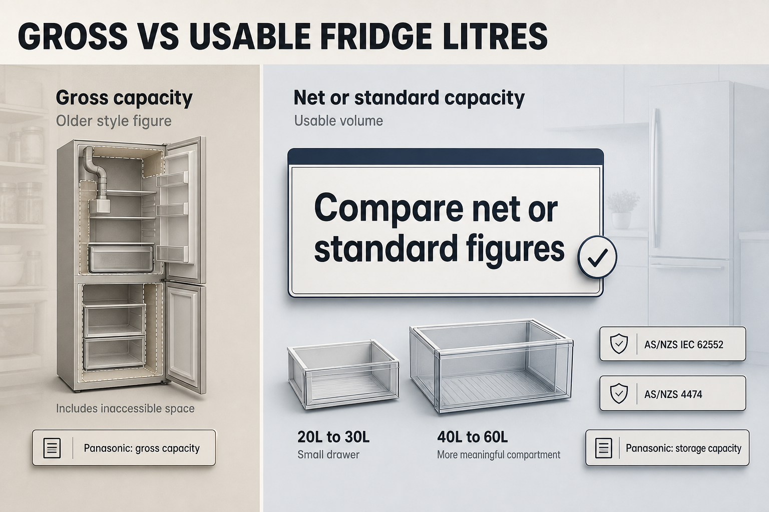 Gross vs usable fridge litres Two-column fridge capacity infographic comparing gross and net figures, with litre range callouts and test standard labels in a clean editorial layout.