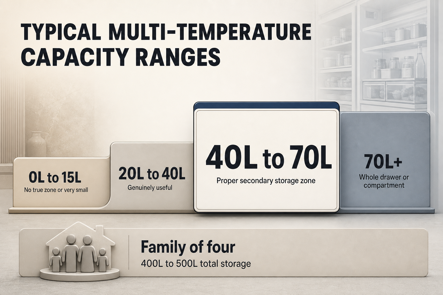 Typical multi-temperature capacity ranges Horizontal range chart with four litre bands from 0L to 70L+, each labelled with typical fridge use and a family storage note below.