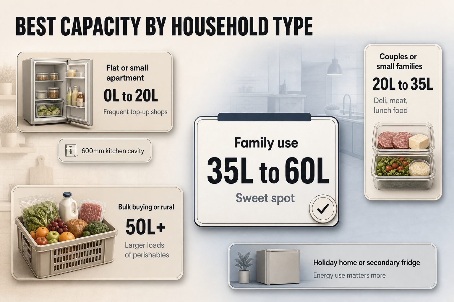 Best capacity by household type A set of household profile cards showing apartment, couple, family, bulk-buying, and holiday-home use cases with recommended litre ranges.