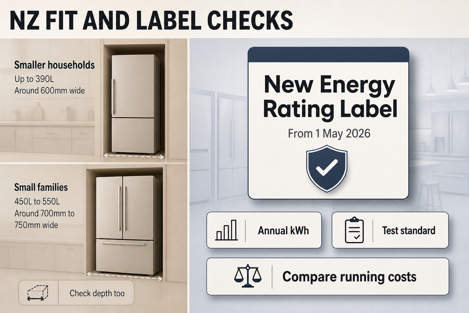 NZ fit and label checks Split-view infographic with kitchen width ranges on one side and a fridge energy label checklist on the other, using NZ-specific measurements.