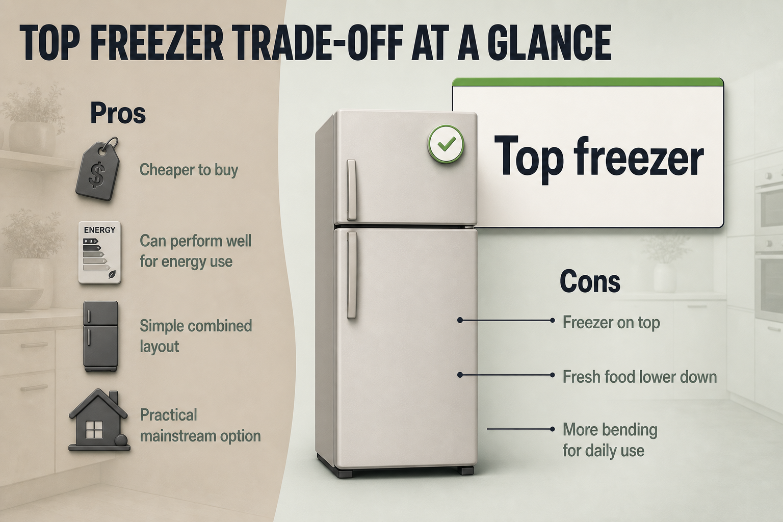 Top Freezer Pros and Cons Two-column comparison infographic with a top-freezer fridge illustration, pros on one side and cons on the other with short labels