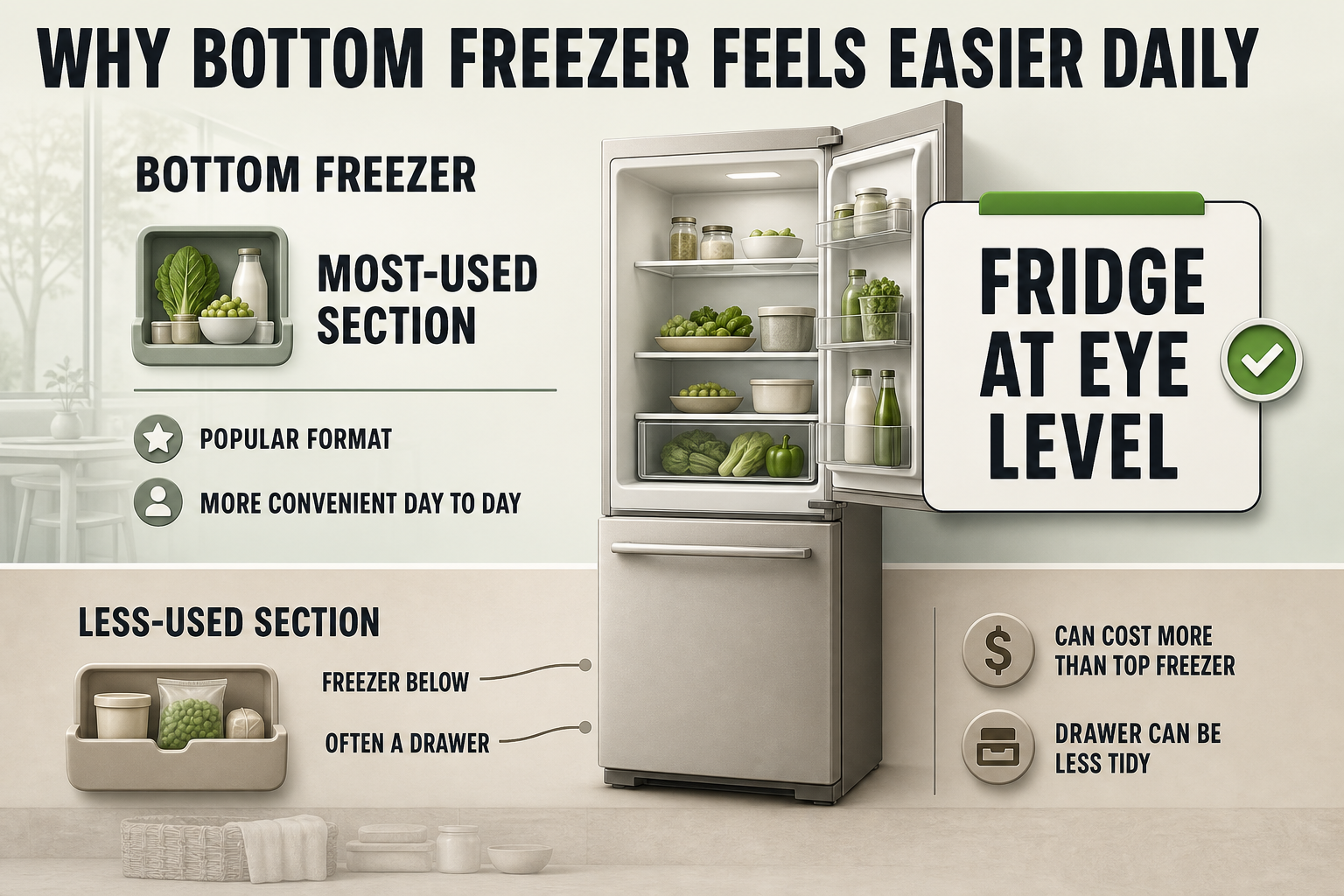 Bottom Freezer Daily Convenience Split-view infographic showing a bottom-freezer fridge with the upper fridge zone highlighted and a lower freezer drawer section labelled