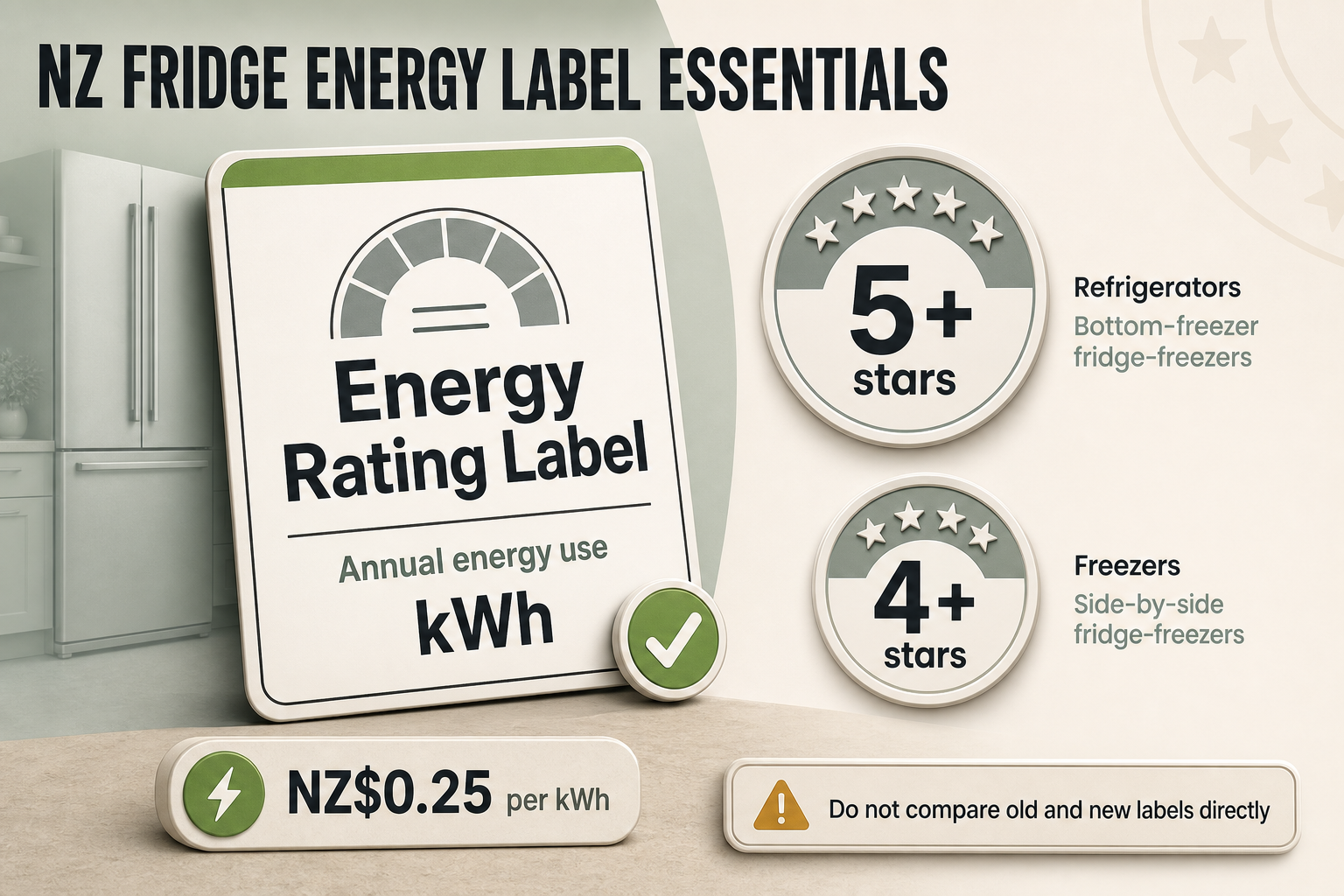 NZ Energy Label Guide Badge-style infographic with star targets, kWh label callout, and an NZD electricity cost marker arranged around an energy label graphic