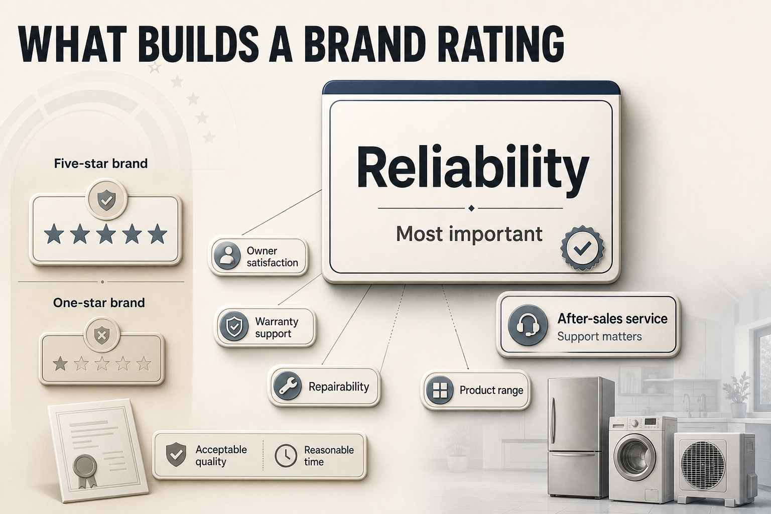What Builds Brand Ratings Editorial badge-style infographic with a central brand rating card and surrounding factor labels for reliability, support, repairability and range