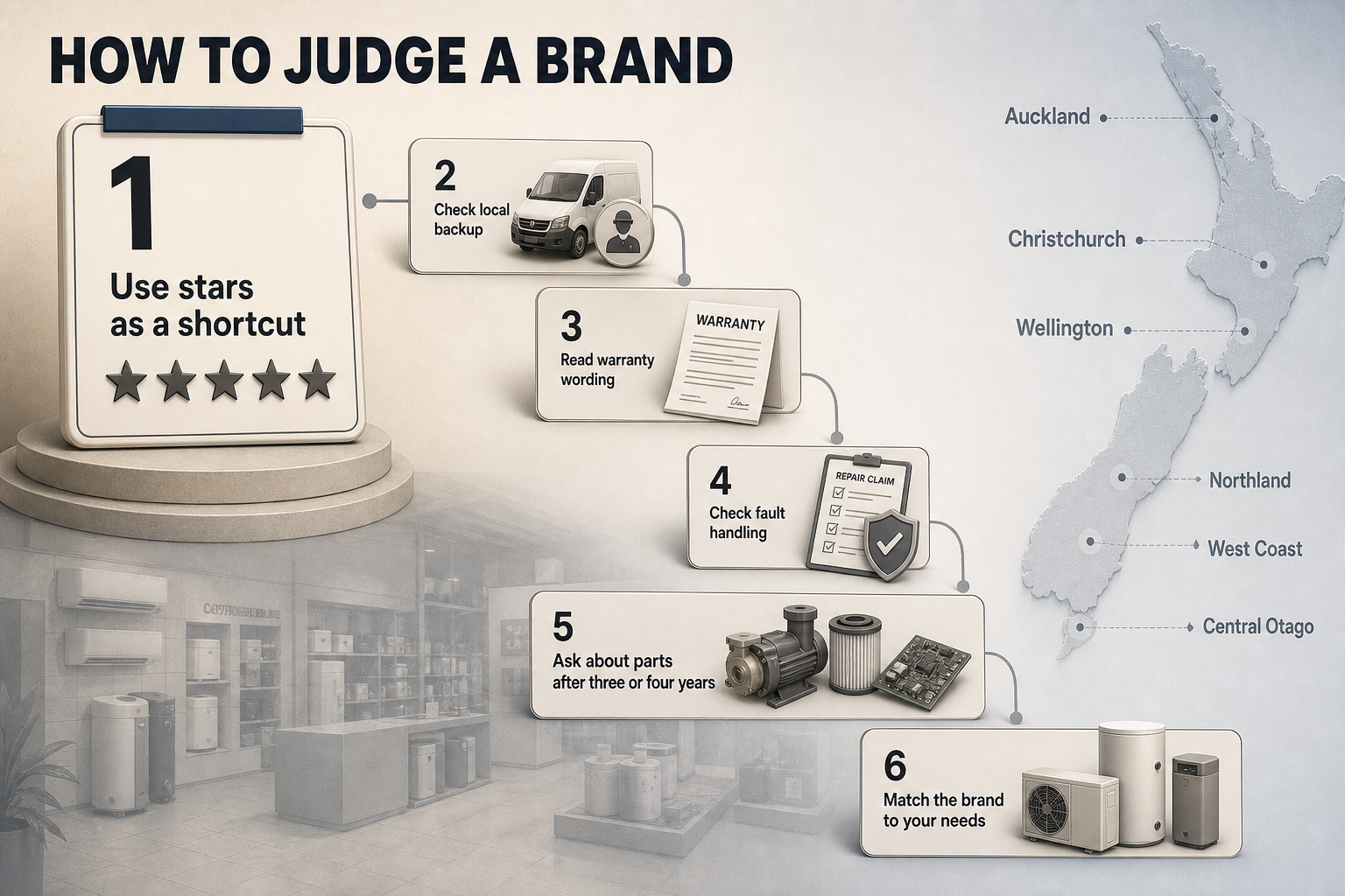 How To Judge A Brand Six-step flow infographic with numbered panels covering rating shortcut, local backup, warranty, faults, parts availability and brand fit