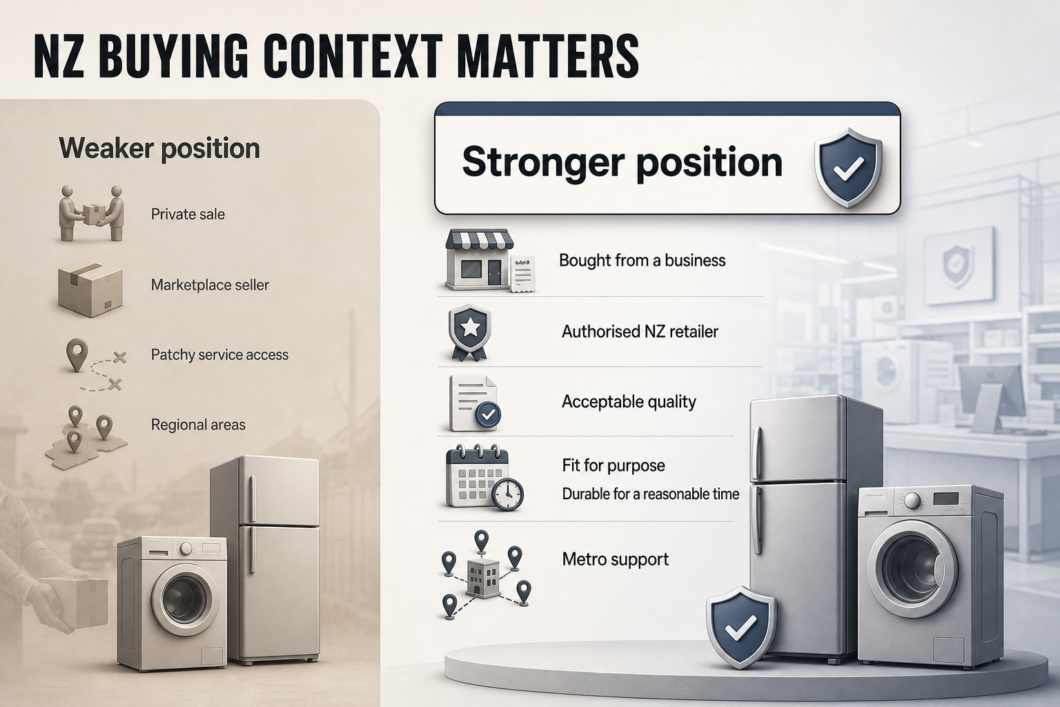 NZ Buying Context Matters Two-column comparison infographic contrasting business and authorised retailer purchases against private sales and marketplace sellers