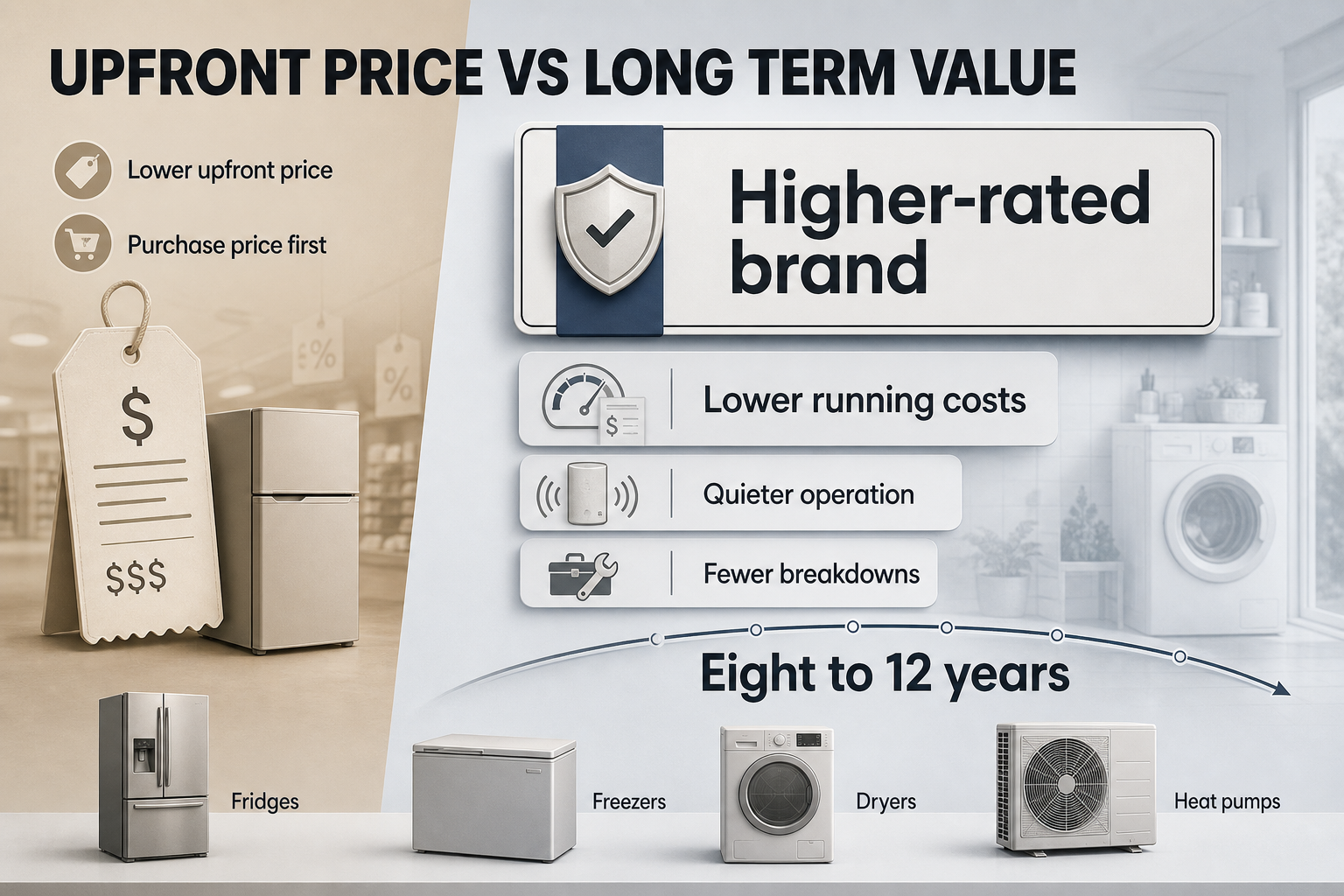 Upfront Price Vs Value Split-view infographic showing a lower upfront price side against a long-term value side with running costs, noise and breakdown icons
