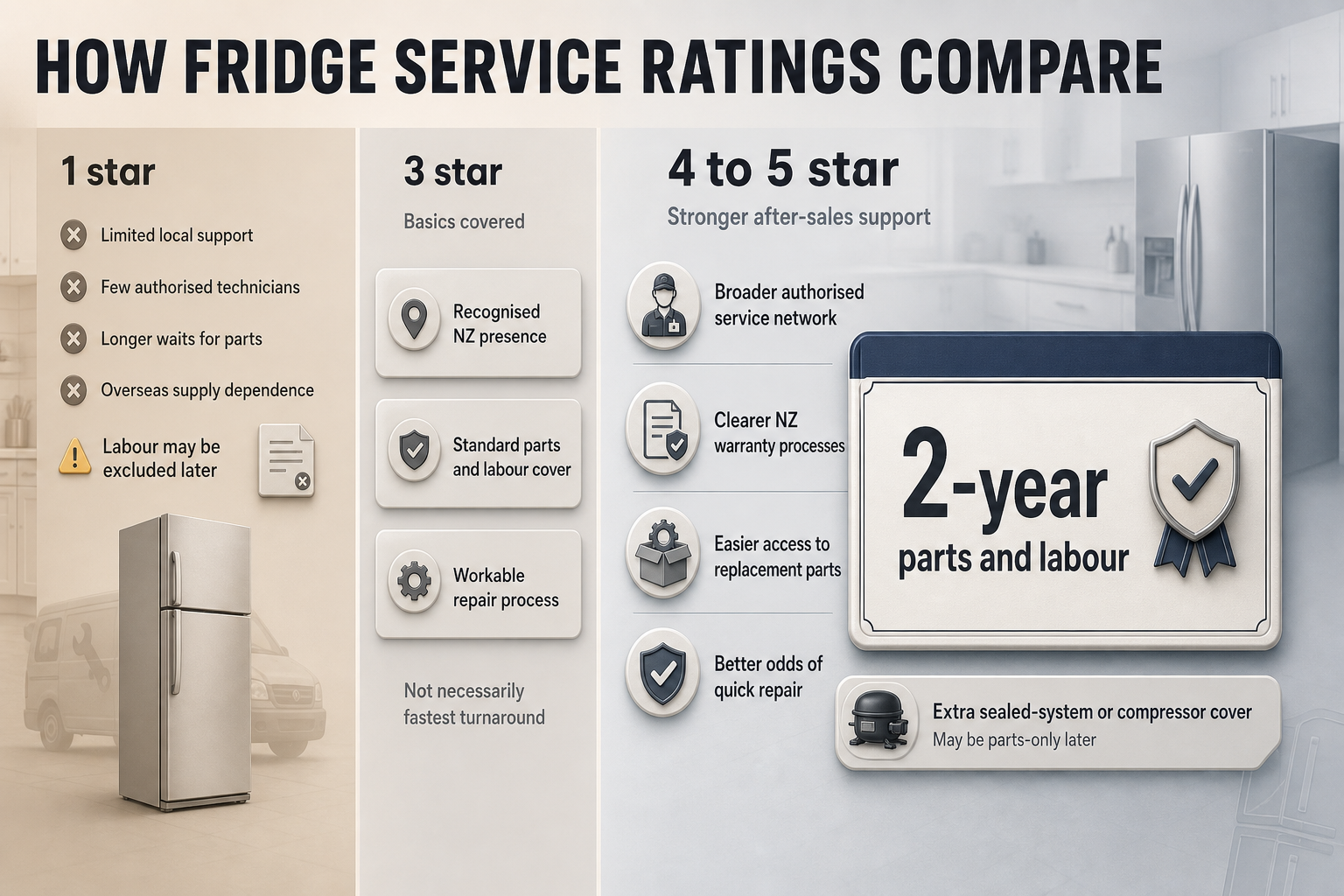 Fridge service ratings compared Three-column comparison infographic showing 1 star, 3 star, and 4 to 5 star fridge service ratings with support and warranty labels