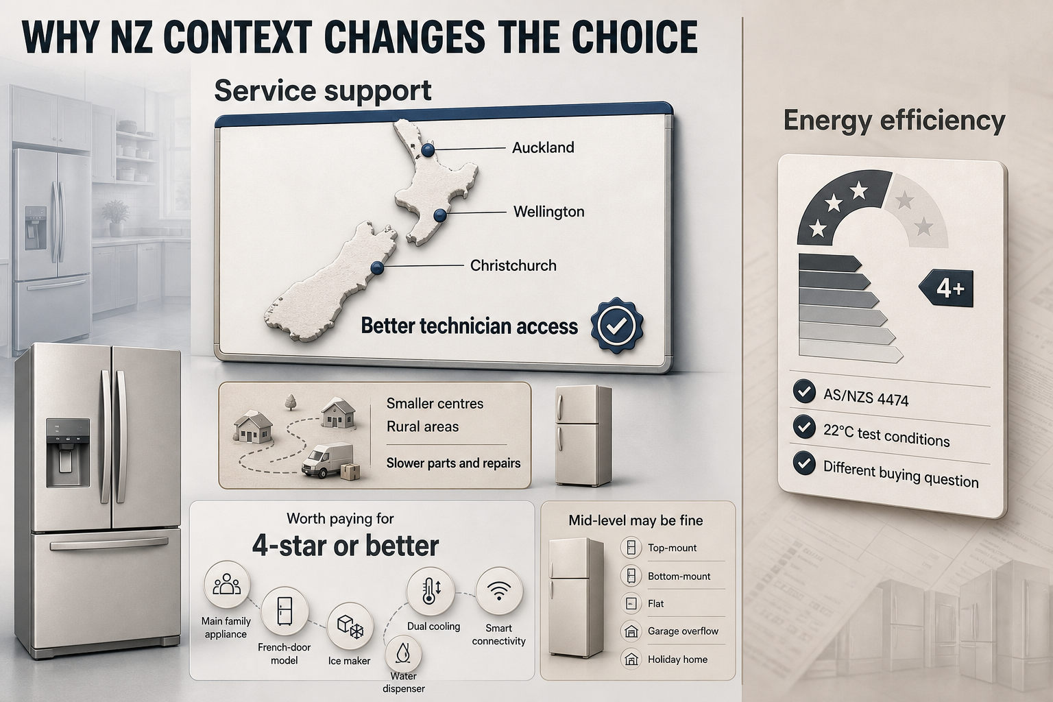 NZ fridge service context Split-view infographic with NZ service access on one side and energy rating notes on the other, plus use-case labels for fridge types