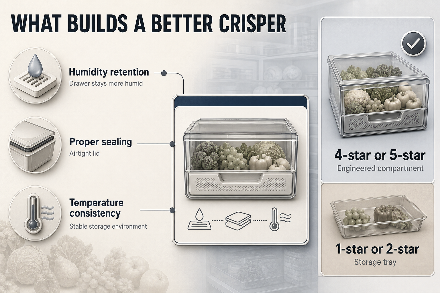 What Builds A Better Crisper Flow diagram with three connected blocks for humidity retention, proper sealing, and temperature consistency, ending in low-star and high-star crisper outcomes