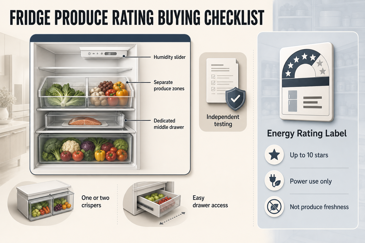 Fridge Produce Buying Checklist Checklist-style infographic with feature cards for humidity slider, produce zones, drawer access, independent testing, and a separate energy label panel