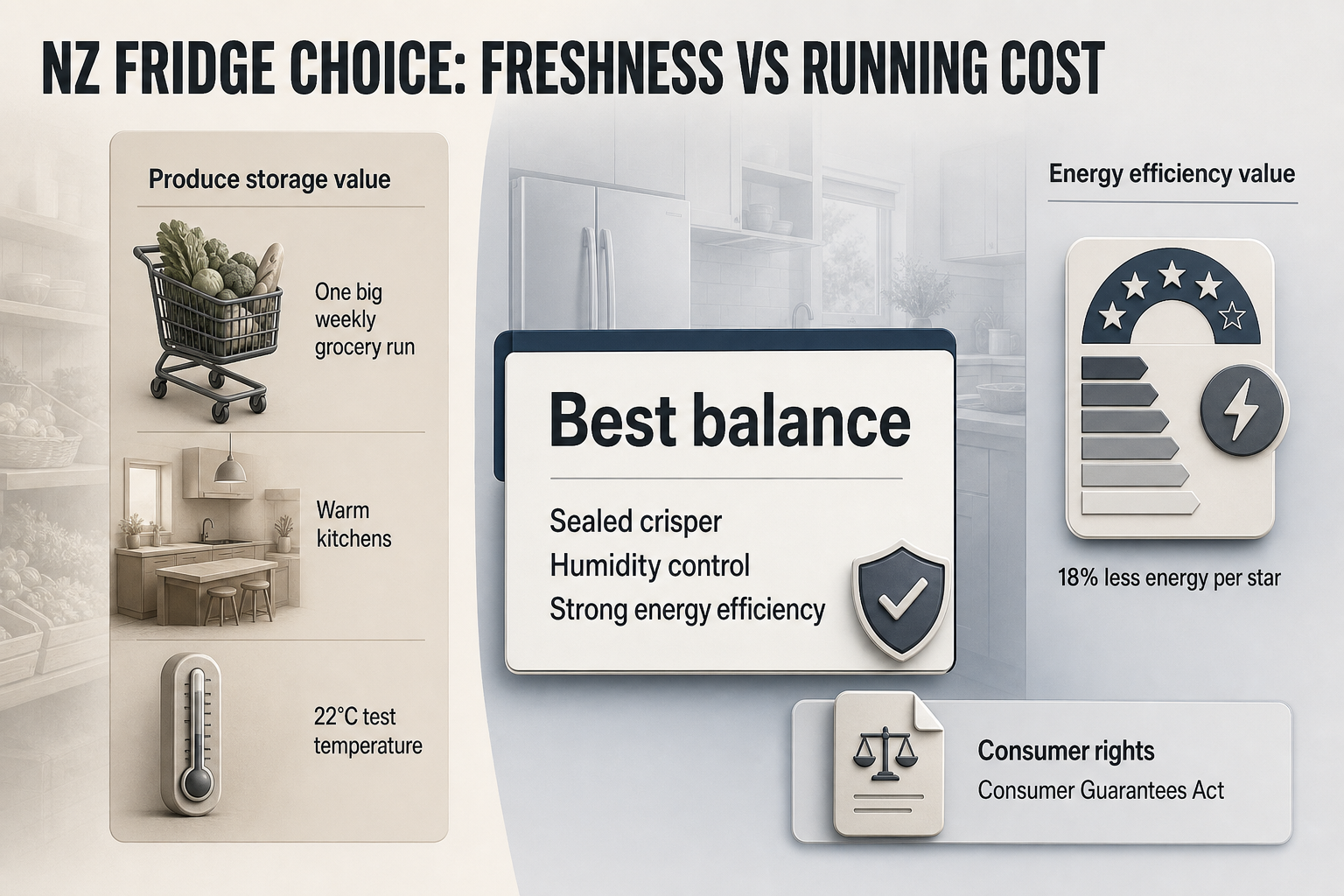 NZ Fridge Choice Balance Two-column comparison showing NZ produce storage factors on one side and energy efficiency factors on the other, with a central best-balance callout