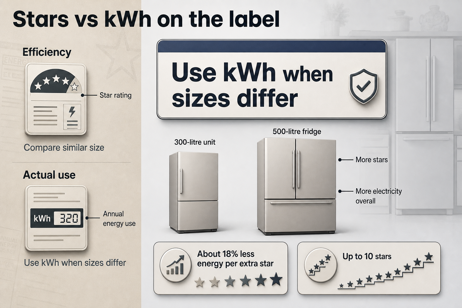 Stars and kWh explained Two-column infographic with star icons, kWh label blocks, and two fridge size cards comparing a 500-litre fridge with a 300-litre unit