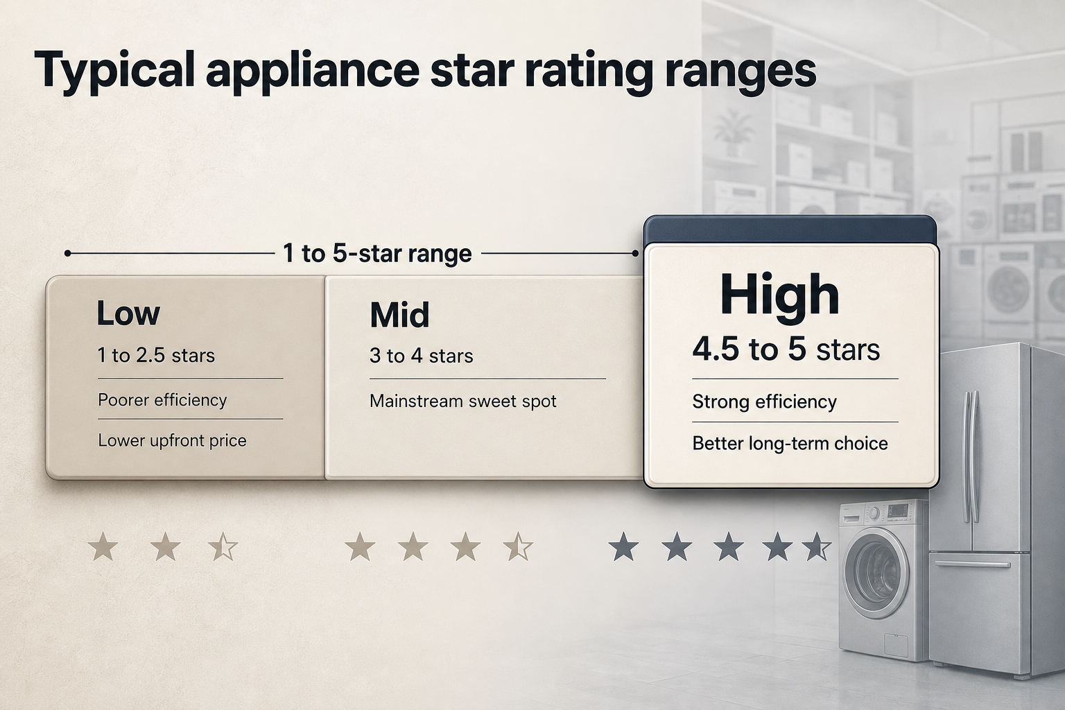Typical star rating bands Horizontal rating scale split into three labelled bands for low, mid, and high efficiency, with star ranges from 1 to 5