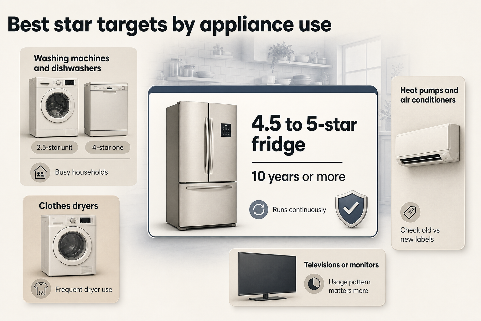Star guidance by appliance Five appliance cards with icons and short labels for fridges, washers, dryers, heat pumps, and televisions, each showing star guidance