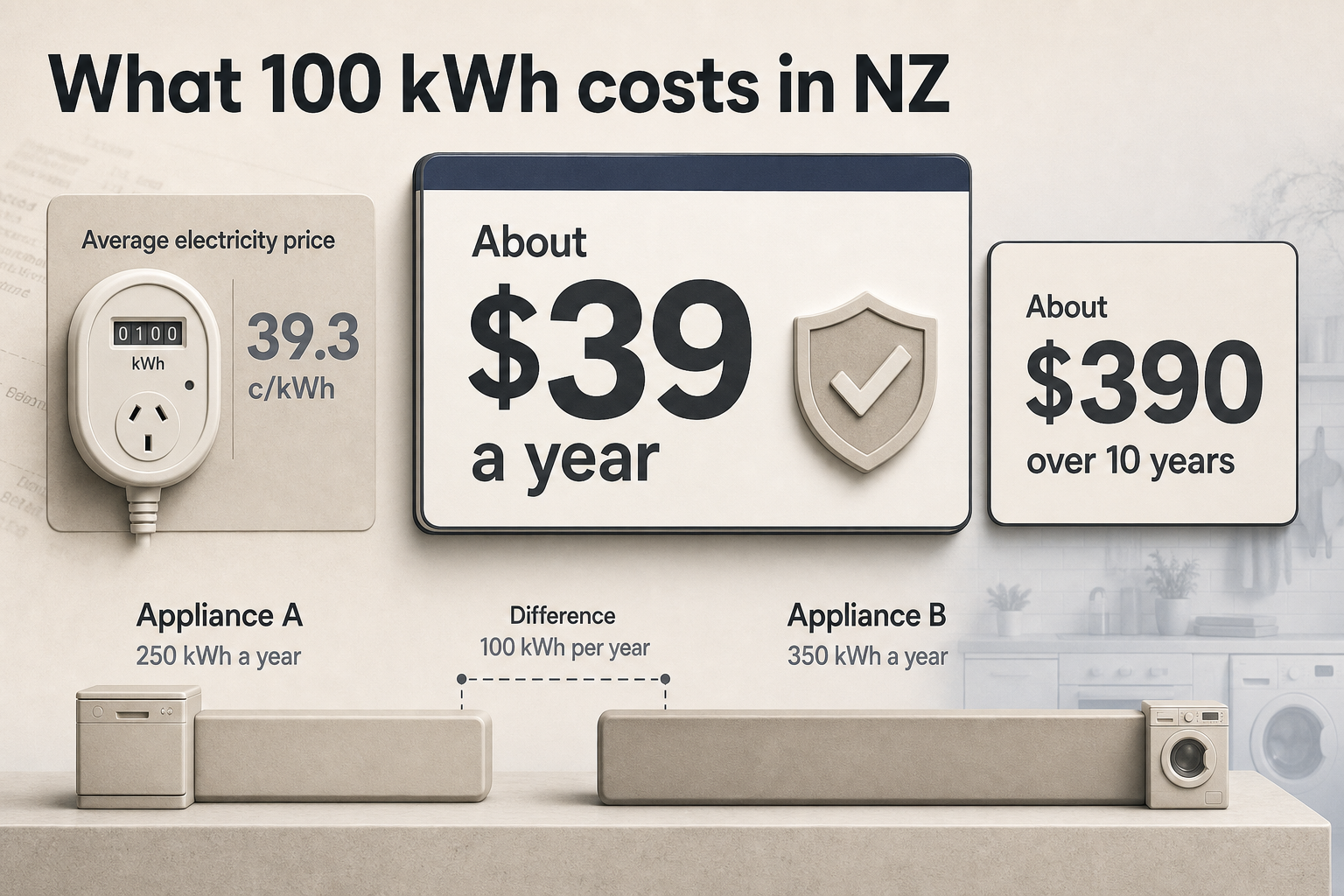 NZ power cost example Cost breakdown graphic with two appliance usage bars at 250 and 350 kWh a year, plus annual and 10-year NZD cost callouts