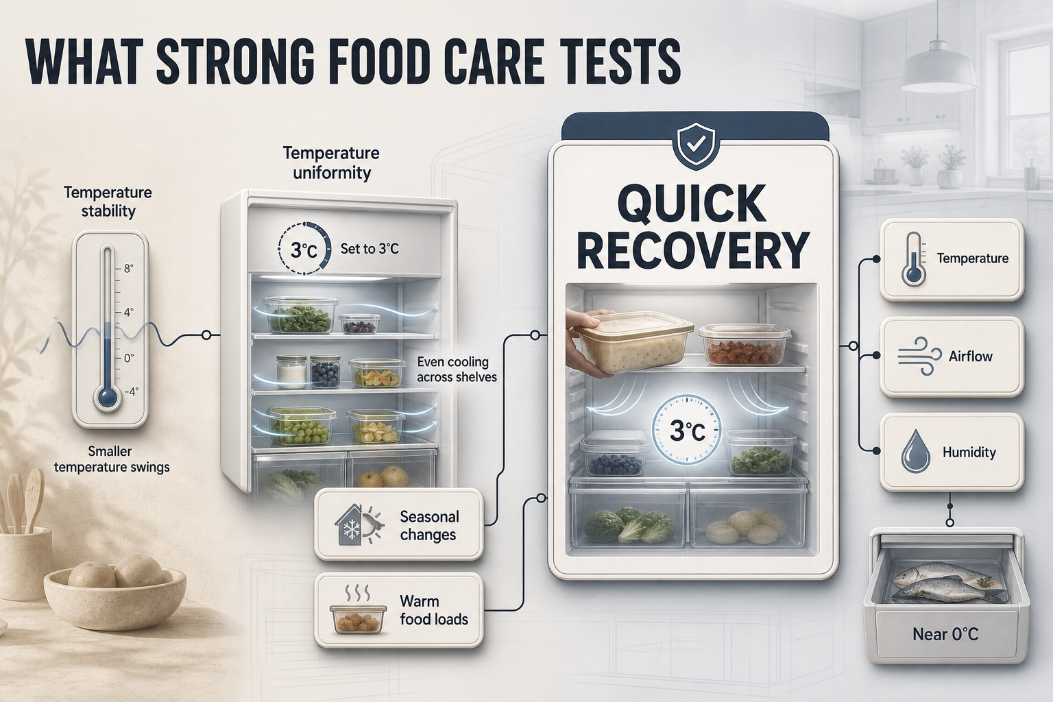 Energy label vs Food Care Two-column comparison infographic with fridge icons, star symbols, kWh label, and feature cards for Energy Rating Label and Food Care rating.