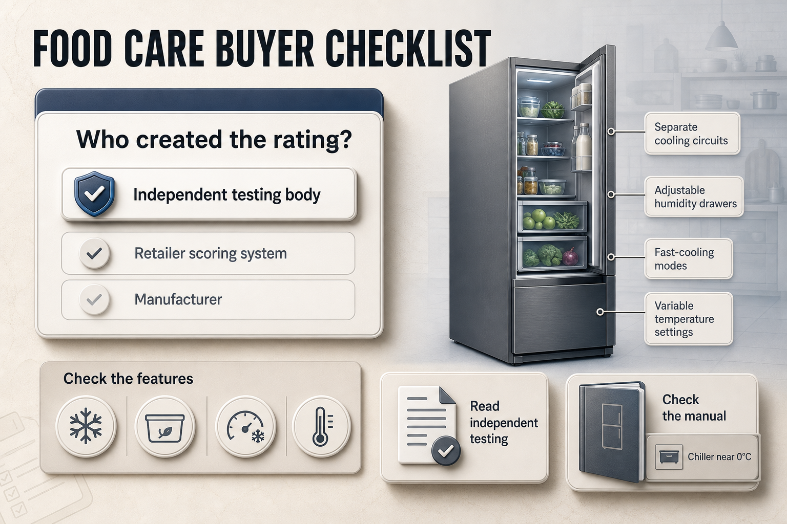Food Care buyer checklist Checklist-style infographic with stacked cards, tick icons, and feature labels covering rating source, fridge features, testing, and manual checks.