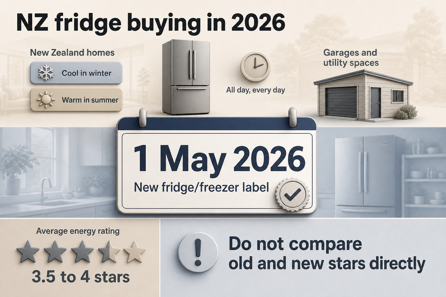 NZ fridge buying in 2026 Badge-based infographic with seasonal home icons, a calendar marked 1 May 2026, and star-rating callouts for New Zealand fridge buyers.