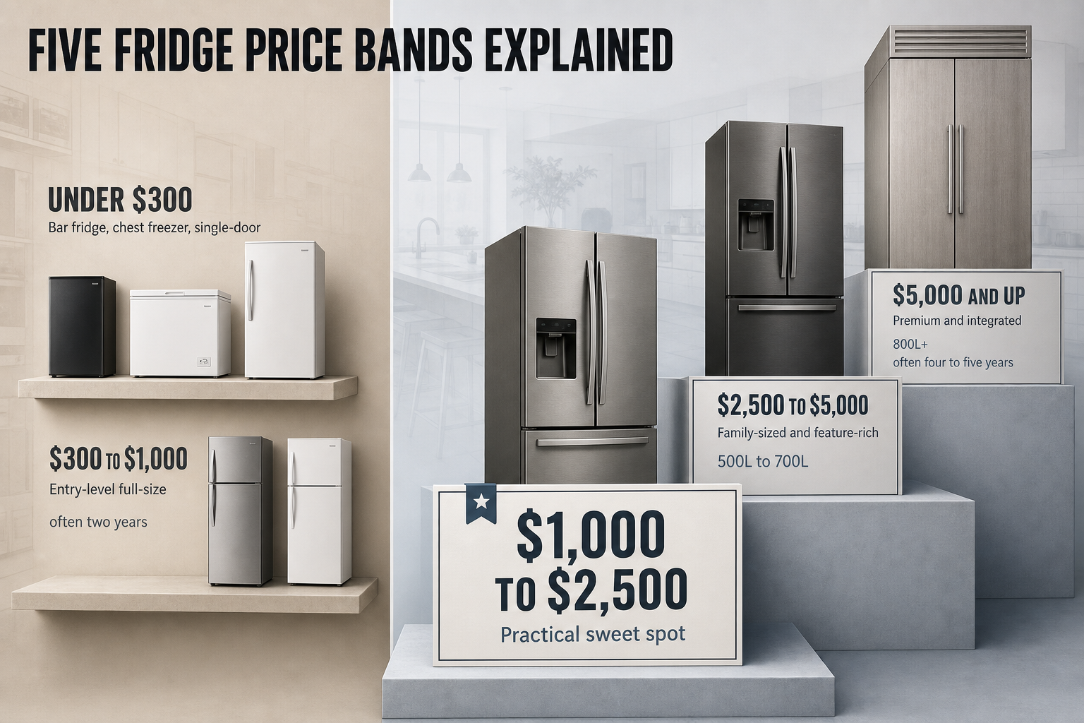 Fridge price bands explained Five-column comparison infographic showing fridge price bands with labels for entry level, sweet spot, family-sized, and premium models
