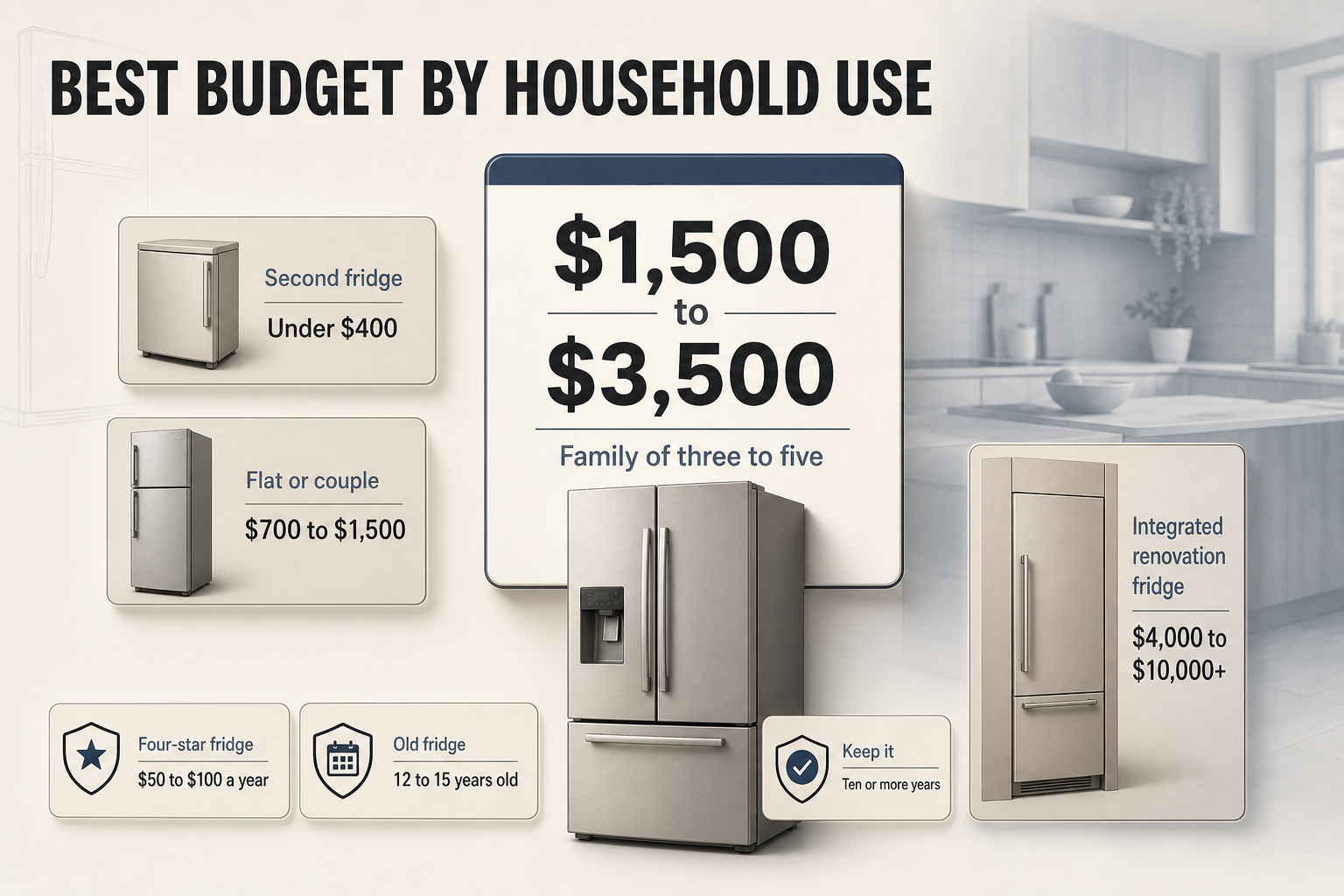 Fridge budget by use Set of household budget cards showing recommended fridge spending ranges for second fridges, couples, families, and renovations