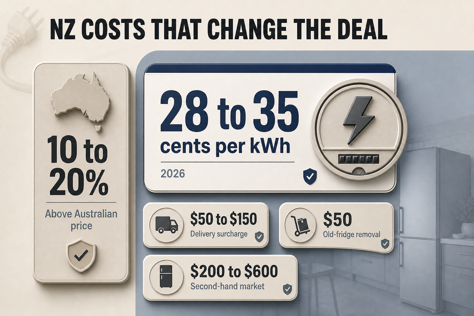 NZ fridge cost factors Badge-style infographic with five cost callouts for NZ fridge buying, including power prices, delivery fees, and price gap to Australia