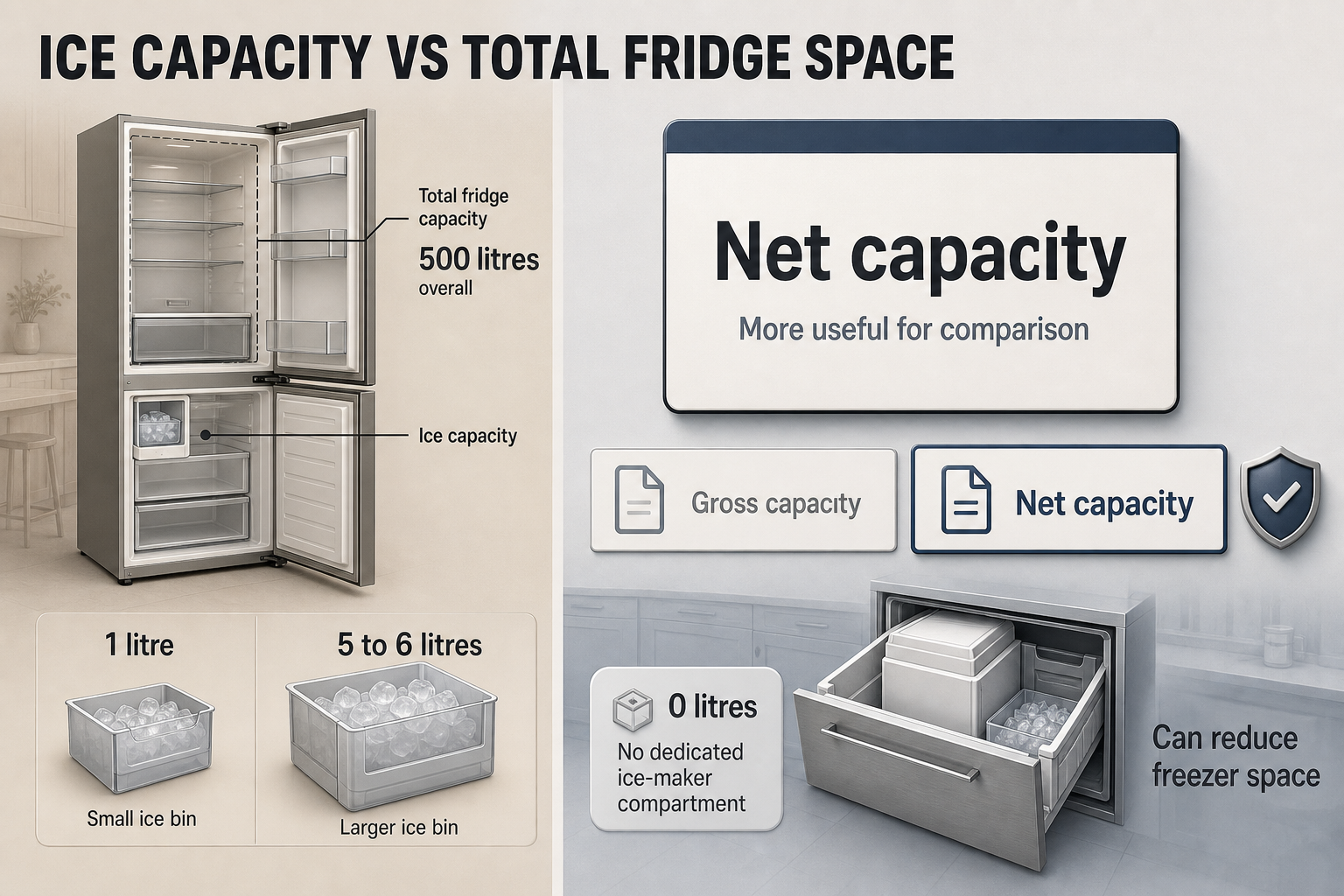 Ice Capacity and Fridge Space Two-column fridge capacity infographic with small and large ice bin examples, a 500 litre total capacity callout, and net versus gross labels